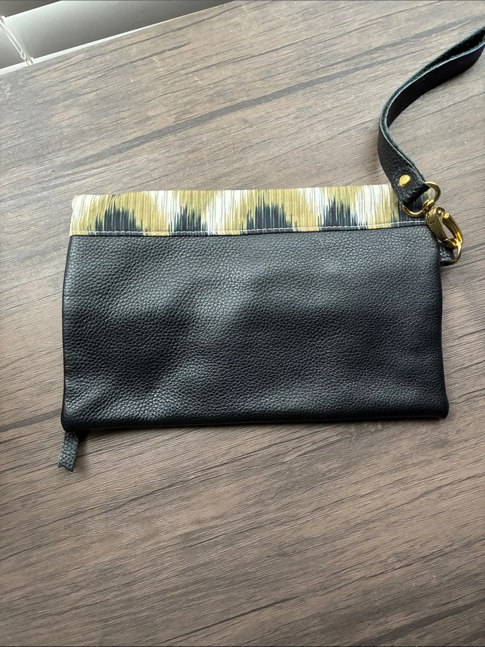 Navy Leather Wristlet Clutch 91/2” X 6” with Olive Patterned Accent